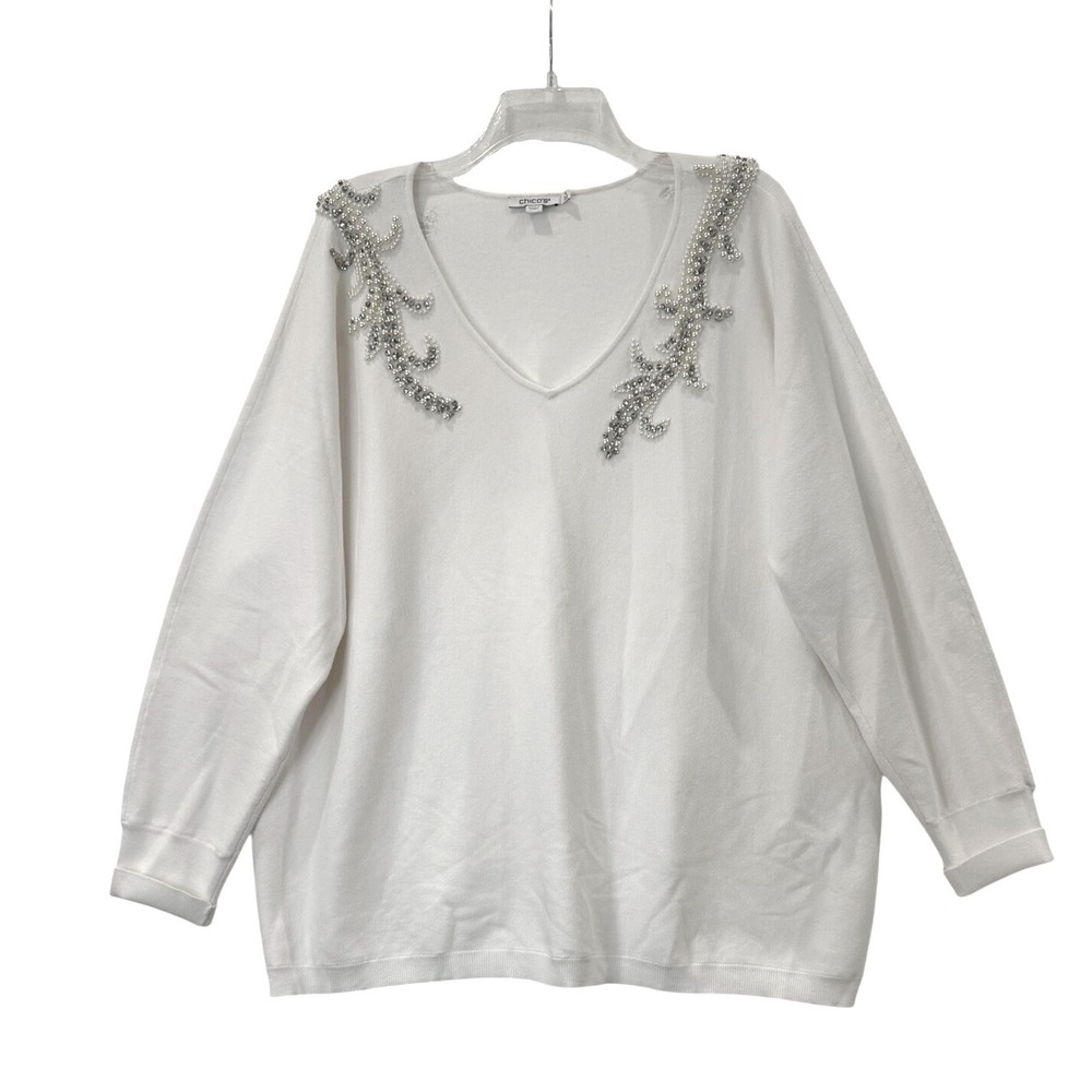 Chico's White Pearl Rhinestone V-Neck Sweater Size 4 XXL Dolman Embellished